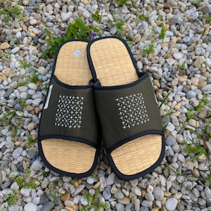 Linen Seagrass Slippers: Women and Men Home Slippers with Sashiko Embroidery