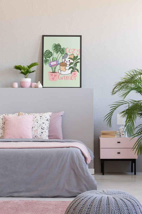 Cozy Gamer Art, Green Cozy Gamer Print, Cozy Kitten, Gamer Aesthetic, Floral Aesthetic, Cozy Art, Plant Aesthetic, Kitten Drinking Coffee