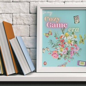 Cozy Game Era Print, Blue Cozy Gamer Art, Cozy Girl Gaming Aesthetic, Floral Aesthetic, Gamer Girl Art, Cozy Art, Floral Print