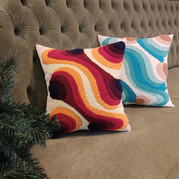 Abstract Hand Tufted Punch Needle Pillow Cover, Decorative Embroidered Cushion Cover, Groovy Y2k Vibrant Wavy Lines, Boho Homedecor