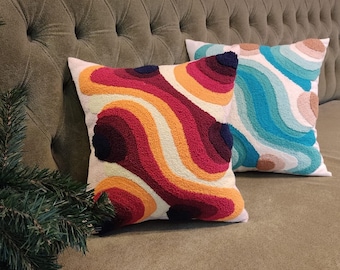 Hand Tufted Wavy Lines Pillow Cover, Groovy Y2k Boho Decor