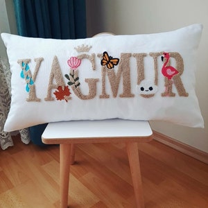 Custom Name Pillow, Name Punch Needle Pillow, Personalized Baby Pillow w Symbol Design for the Meaning of Name, Baby Room Decor,Nursery Gift
