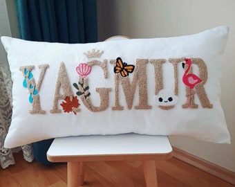 Custom Name Pillow, Name Punch Needle Pillow, Personalized Baby Pillow w Symbol Design for the Meaning of Name, Baby Room Decor,Nursery Gift