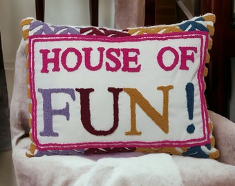 House Of Fun Punch Needle Pillow, Eclectic Home Decor, Fun Vibes, Colorful Living, Vibrant Style Throw Pillow, Bright Colors, Unique Design