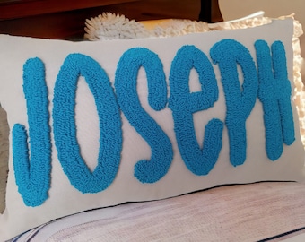 Custom Punch Needle Throw Pillow, Personalized Name Pillow, Embroidered Linen