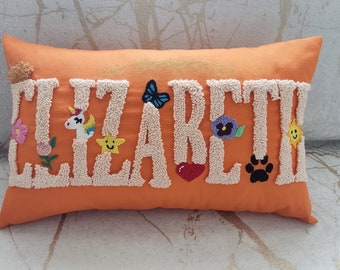 Custom Name Pillow, Name Punch Needle Pillow, Personalized Girl Pillow w Symbol Design for the Meaning of Name, Girl Room Decor,Nursery Gift