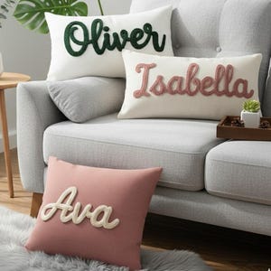 Custom Name Pillow with Handwritten Script Font – Personalized Punch Needle Cushion – Embroidered Name Throw Pillow – Unique Gift Home Decor