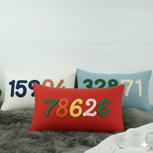 May include: Three rectangular decorative pillows with embroidered numbers. One pillow is white with navy blue and orange numbers, another is red with green, orange, yellow, and white numbers, and the last is light blue with green and off-white numbers.