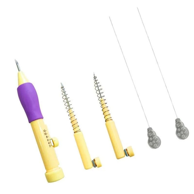 May include: A set of four tools for punch needle embroidery. The tools include a purple and yellow punch needle with a depth gauge, two yellow spring-loaded needles, and two silver needles with decorative ends.
