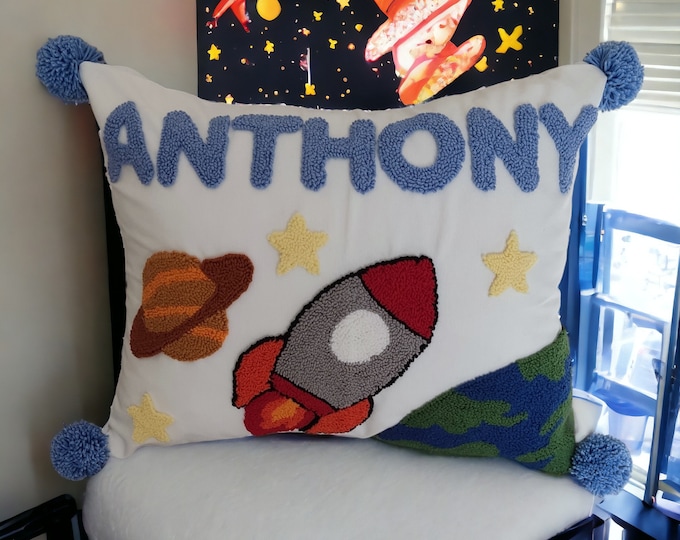 Personalized Space Theme Pillow Cover, Name Punch Needle Pillow, Planets and Stars Cushion Cover, Kids Room Decor, Playroom Decoration