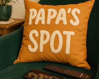 Punch Needle "Papa's Spot" Pillow | Handmade Tufted Cushion | Birthday or Father’s Day Gift for Dad, Grandpa, Pops, Pawpaw
