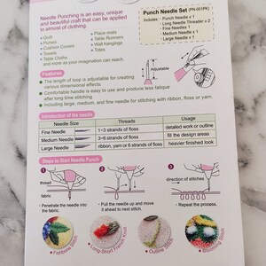 May include: Punch needle set with instructions on how to use the needles for different types of stitches. The set includes a punch needle, a long needle threader, a fine needle, a medium needle, and a large needle. The set is packaged in a white and pink cardboard box.