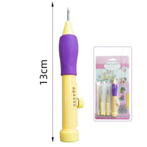 May include: A yellow and purple punch needle tool with a depth gauge and a needle. The tool is 13 cm long. The tool is packaged in a clear plastic bag with a colorful label that says "Punch Needle Set".