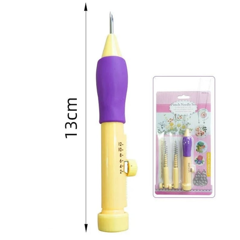May include: A yellow and purple punch needle tool with a depth gauge and a needle. The tool is 13 cm long. The tool is packaged in a clear plastic bag with a colorful label that says "Punch Needle Set".