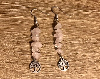 Earrings - pink Quartz pendants and tree of life charms -