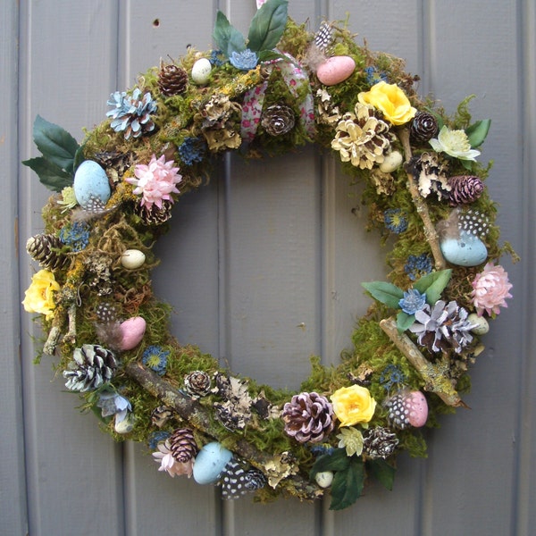 Spring Wreath for door or wall, with artificial eggs, real cones & feathers, Spring Wreath, Wreath Decorations, Door Wreath, Wreath Hanger