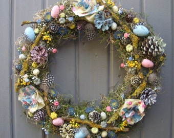 Spring Pastel Wreath for Wall or Door with artificial hand-painted eggs cones and beautiful fabric hanger