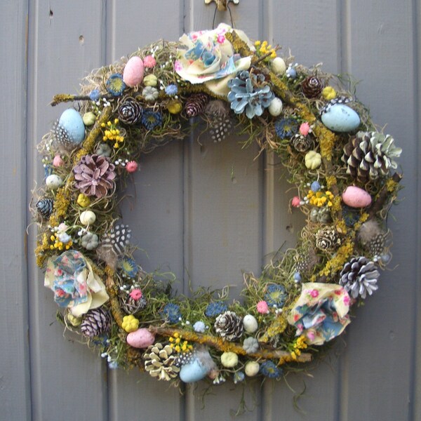 Spring Pastel Wreath for Wall or Door with artificial hand-painted eggs cones and beautiful fabric hanger