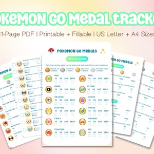 May include: Printable Pokemon Go medal tracker with 11 pages. The tracker includes a checklist for each type of Pokemon, such as Bug, Dark, Dragon, Electric, Fairy, Fighting, Fire, Flying, Ghost, Grass, Ground, Ice, Normal, Poison, Psychic, Rock, Steel, and Water. The tracker also includes a checklist for other Pokemon Go medals, such as Gym Leader, Ace Trainer, Battle Girl, Master Ball, Ultra League, Great League, and more.