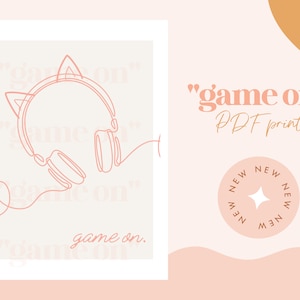 Muurkunst gamer | Gamer meisje kunstafdruk | Game On Cat Ear-koptelefoon pdf-muurdecoratie | Gamingheadset kunst | Muurdecoratie gamer | Gezellige gamerkunst