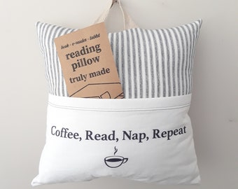 Reading Pillow, Book Pillow, Pocket Pillow, Coffee Lover Gift, Gift for Readers, Reading Nook Decor, Book Lover Gift, Bookworm Gift,