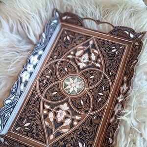 Handmade Wooden Tray with Mother of Pearl Inlay | Vintage Ottoman Wooden Tray | Wooden Decorative Tray | Unique Serving Tray | Gift for mom