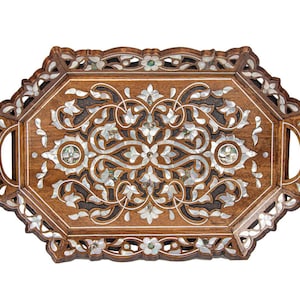 Wooden Serving Tray | Walnut Wood Tray with Mother of Pearl Inlays | Artisanal Ottoman Tray| Perfect for Serving & Decoration | Gift for Mom