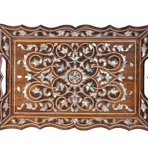 Premium Wooden Tray with Mother of Pearl | Rectangular Serving Tray | Luxury Mother of Pearl Inlaid Tray | Kind Gift for Home Improvement