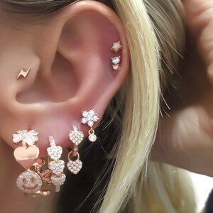 Flower With Solitaire Stud Earring,Flower Stud Earrings for women with Dangling bezel, Gold Plated 925 Sterling Silver