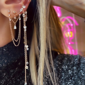 Dainty cyrstal Earcuff, Dangle DoubleChain Earcuff