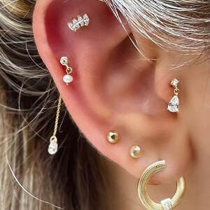 14K Solid Gold  Earring, Pearl Piercing, Dangle Chain Piercing ,Gold Piercing,
