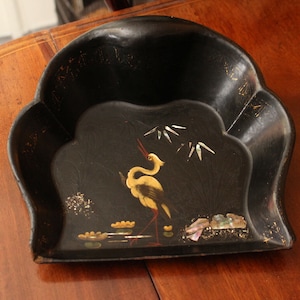 Victorian Chinoiserie Heron Lacquered Papier Maché Crumb Tray Pietra Dura