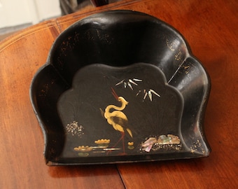 Victorian Chinoiserie Heron Laccato Papier Maché Crumb Tray Pietra Dura