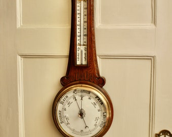 A Good Carved Oak Barometer, c1900, Porcelain Dial & Thermometer Scale
