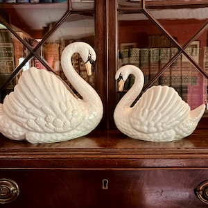 Pair Vintage Dartmouth Pottery Swan Cachepots White Graduated Planters Mid Century Devon Ware