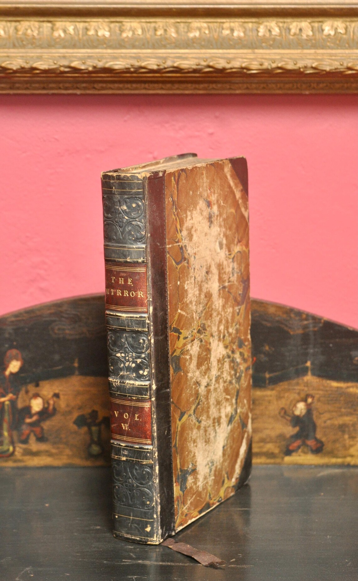 Antique 1825 Leather Bound Book - The Mirror Vol VI - Regency Library Decor, Marbled Boards, Gold Tooled Spine, Period Gift, photo 1 of 5