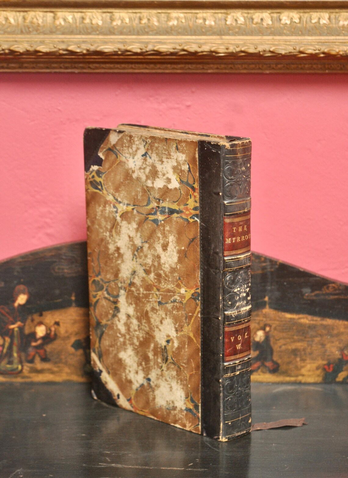 Antique 1825 Leather Bound Book - The Mirror Vol VI - Regency Library Decor, Marbled Boards, Gold Tooled Spine, Period Gift, photo 2 of 5