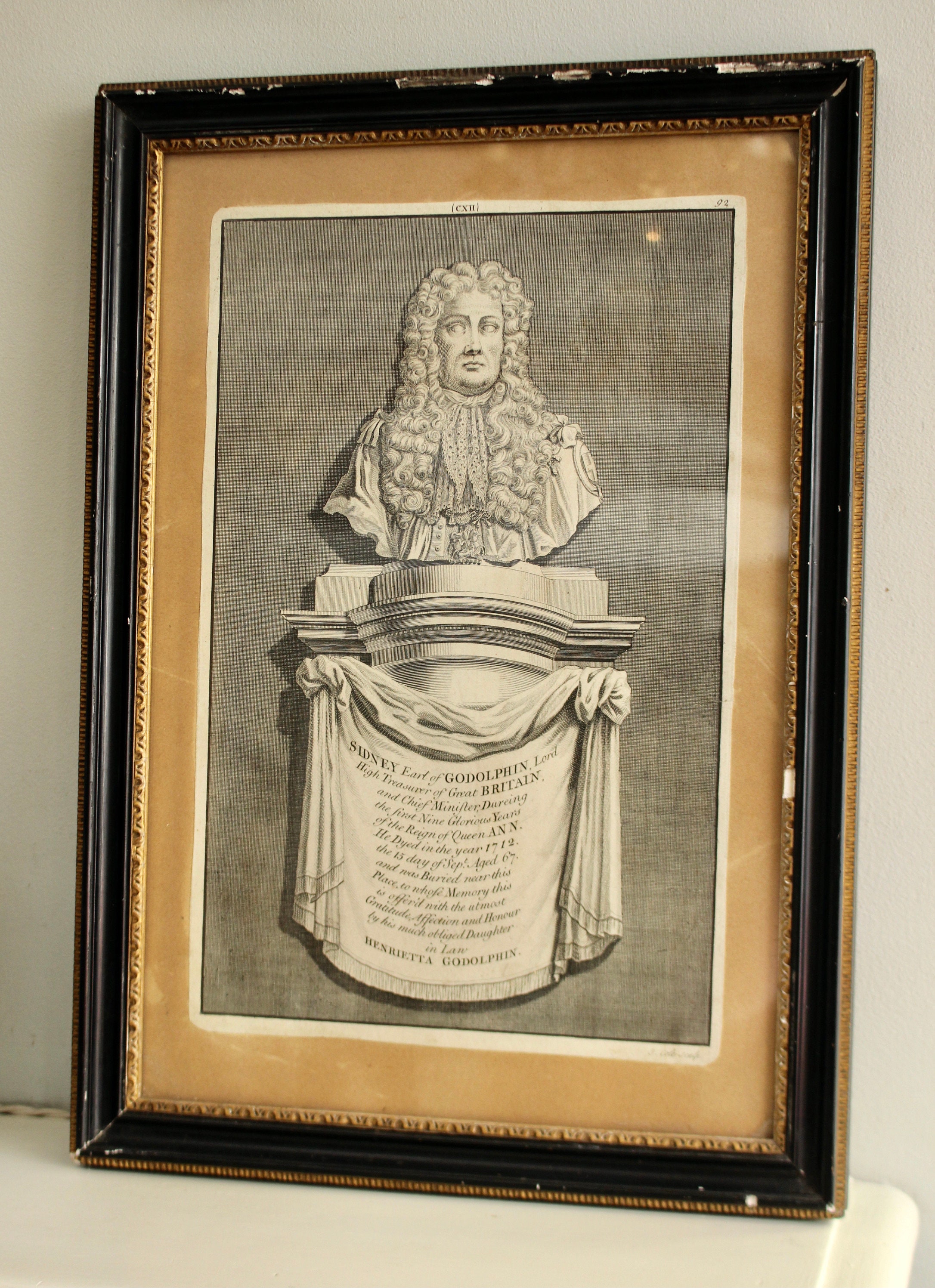 A Good Mid c18th Engraving, Sidney Godolphin, J Cole Sculpt. Cornish Interest
