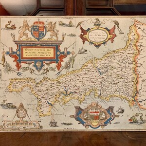 Antique Saxton Map of Cornwall 1576 British Museum Gilded Hand Coloured Large