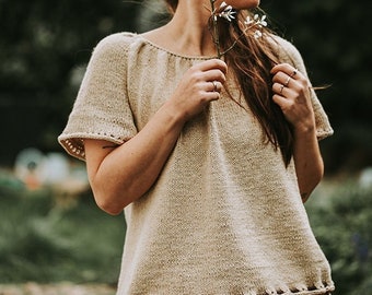 Modello PDF per maglia di una maglietta a campana, camicia tedesca estiva da donna.