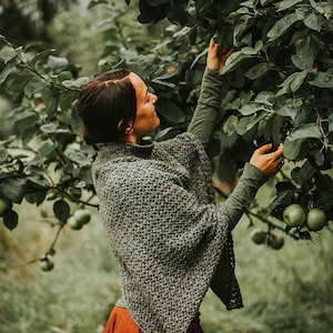 Peut inclure: Une personne portant un poncho en tricot gris et une longue jupe rouille se tient dans un champ vert, tendant la main vers des pommes vertes sur une branche d'arbre.