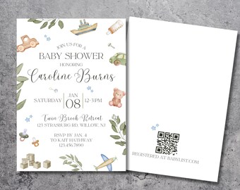 Baby Boy Shower Invitation, Aesthetic Green and Tan, Baby Shower Invitation Template