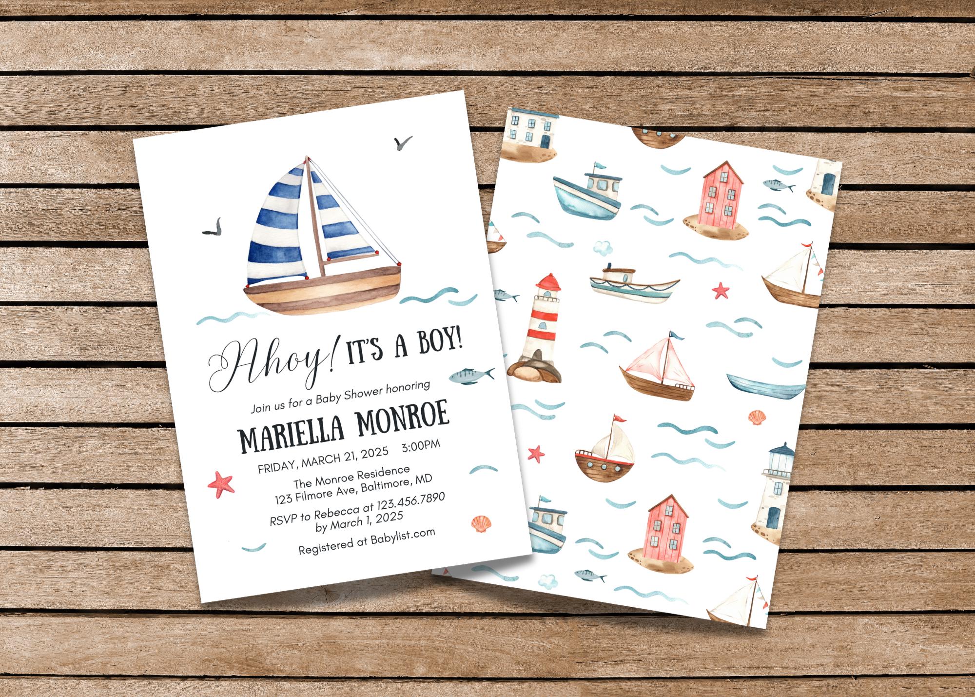 Ahoy It's a Boy, Nautical Baby Shower Invitation, Baby Boy Shower, Template