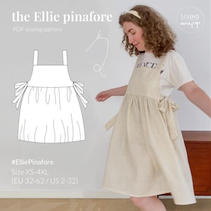 May include: The Ellie pinafore PDF sewing pattern features a line drawing of a sleeveless dress with shoulder straps and side ties. A person wears a beige and white striped pinafore dress over a white t-shirt. Text includes #ElliePinafore Size XS-4XL.