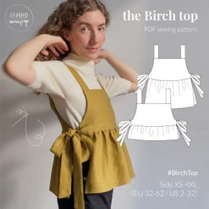May include: A mustard yellow sleeveless top with wide shoulder straps and side ties that fasten at the waist. The image includes a white line drawing of the garment, the text "the Birch top PDF sewing pattern", and "Size XS-4XL (EU 32-62 / US 2-32)".