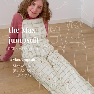 Może przedstawiać: Kremowy kombinezon w ciemnozieloną kratkę z małymi pomarańczowymi akcentami kwiatowymi. Tekst głosi: STUDIO minipop, the Max jumpsuit, PDF sewing pattern, #MaxJumpsuit, Size XS-3XL (EU 32-58 / US 2-28). Widoczny jest biały rysunek konturowy kombinezonu.