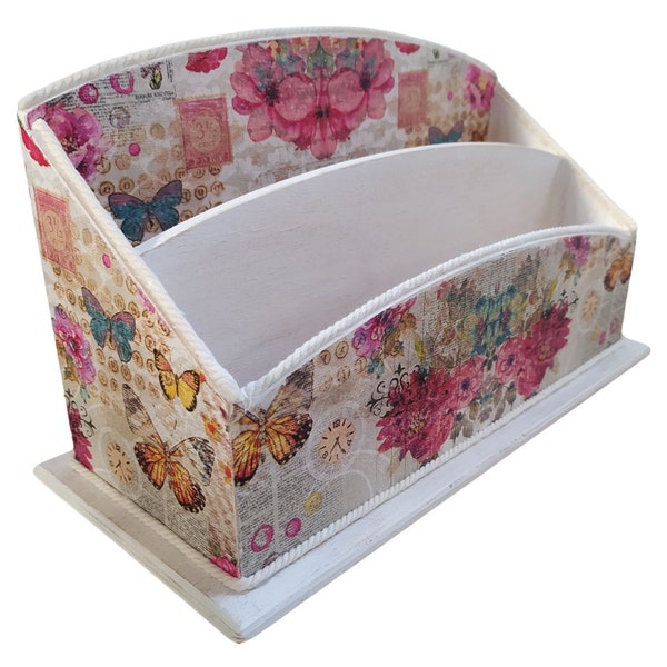 Range-courrier, porte-courrier ou porte-lettres en bois, décoré main, vintage, floral | Rangement bureau | Cadeau femme, pratique