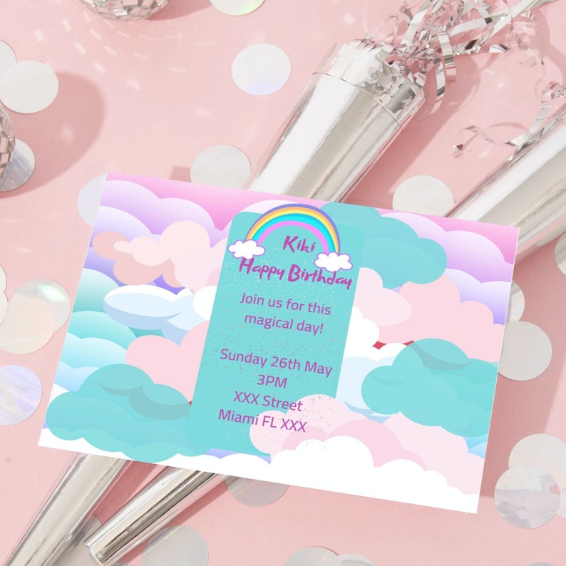 DIY Rainbow Party Invitation, Canva Template, Rainbow Birthday