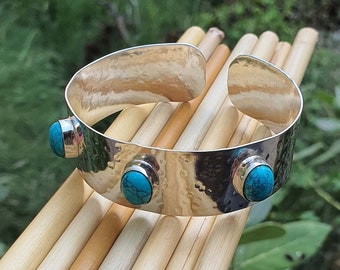 Blue Turquoise Cuff Bangle Bracelet for Women | Wide Band Bracelet | Adjustable Bangle | Turquoise Bracelet | Hammered| Gift for Her Jewelry