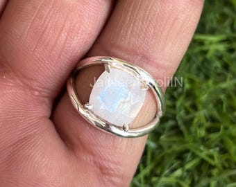 Rainbow Moonstone Sterling Silver Ring: Square Facet Boho Jewelry